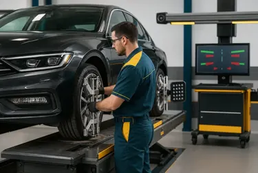 Equipamento de alinhamento de rodas em operação.