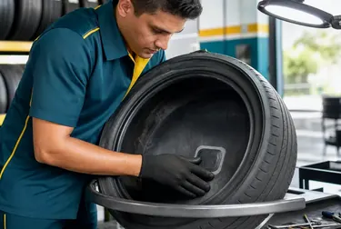 Mecânico consertando um pneu em uma borracharia.