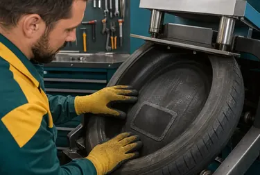 Mecânico fazendo vulcanização de um pneu.