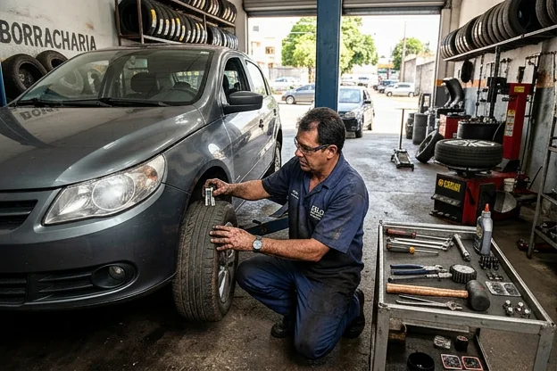 Mecânico inspecionando pneus para manutenção.