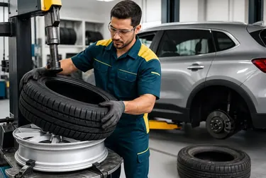 Mecânico trocando pneus de um carro na borracharia.